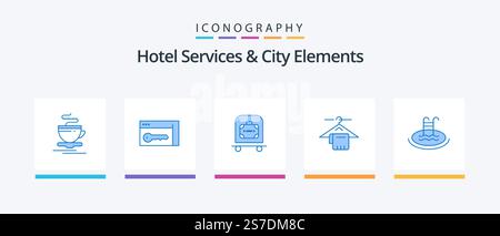 Hotel Services And City Elements Blue 5 Icon Pack Including pool. hotel. hotel. service. hanger. Creative Icons Design Stock Vector
