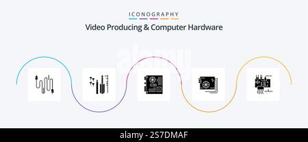 Video Producing And Computer Hardware Glyph 5 Icon Pack Including supply. part. computer. computer. motherboard Stock Vector