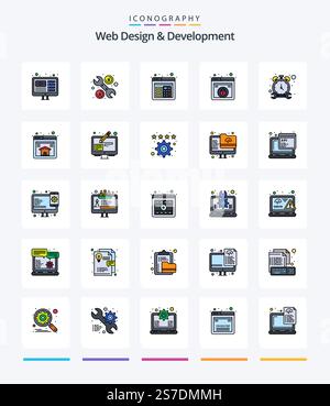 Creative Web Design And Development 25 Line FIlled icon pack  Such As repair. timer. layout. stop. web Stock Vector
