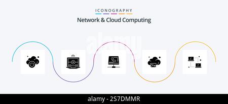 Network And Cloud Computing Glyph 5 Icon Pack Including networking. computing. help. technology. gallery Stock Vector