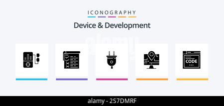 Device And Development Glyph 5 Icon Pack Including code . browser. plug. education. map. Creative Icons Design Stock Vector
