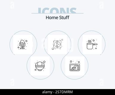 Home Stuff Line Icon Pack 5 Icon Design. microwave. light. cap. decoration. bulb Stock Vector