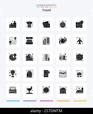 Creative Travel 25 Glyph Solid Black icon pack  Such As navigate. map. photos. city. compass Stock Vector