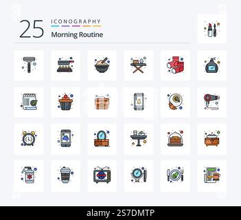Morning Routine 25 Line Filled icon pack including socks. dots. cereals. ironing tools. ironing board Stock Vector