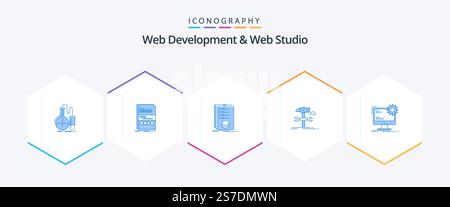 Web Development And Web Studio 25 Blue icon pack including hammer. build. page. mark. list Stock Vector