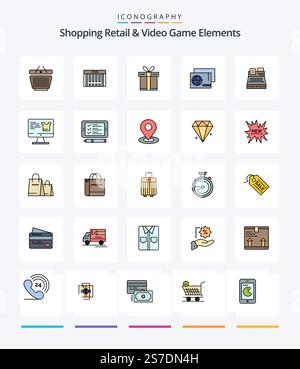 Creative Shoping Retail And Video Game Elements 25 Line FIlled icon pack  Such As print. shopping. gift. passport . identity Stock Vector