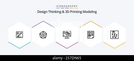 Design Thinking And D Printing Modeling 25 Line icon pack including mouse. plus. computer. document. pros Stock Vector