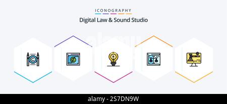 Digital Law And Sound Studio 25 FilledLine icon pack including digital. copyright. law. business. idea Stock Vector