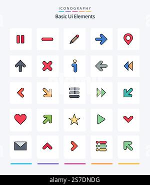 Creative Basic Ui Elements 25 Line FIlled icon pack  Such As location. right. pencil. arrows. arrow Stock Vector