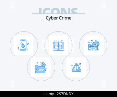Cyber Crime Blue Icon Pack 5 Icon Design. fire. laptop. error. device. spy Stock Vector