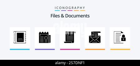 Files And Documents Glyph 5 Icon Pack Including email. address. newspaper. paper. file. Creative Icons Design Stock Vector