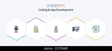 Coding And App Development 25 FilledLine icon pack including desktop. development. lab. refinement. measure Stock Vector