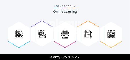 Online Learning 25 Line icon pack including elearning. education. book. educate. open Stock Vector