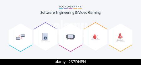 Software Engineering And Video Gaming 25 Flat icon pack including insect. bug. running. psp. game Stock Vector