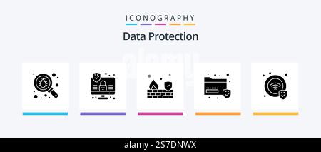Data Protection Glyph 5 Icon Pack Including wifi. protection. firewall. security. folder. Creative Icons Design Stock Vector