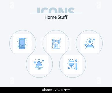 Home Stuff Blue Icon Pack 5 Icon Design. camera. place. mobile. fireplace. chimney Stock Vector