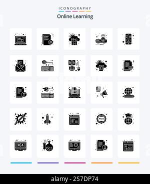 Creative Online Learning 25 Glyph Solid Black icon pack  Such As learning. light. digital. projector. device Stock Vector