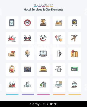 Creative Hotel Services And City Elements 25 Line FIlled icon pack  Such As luggage. service. brilliant. bedroom. hotel Stock Vector