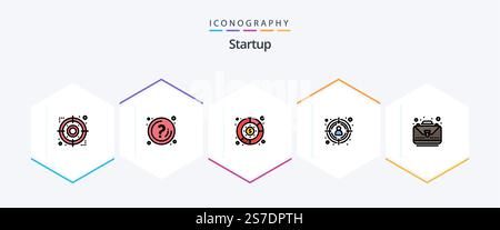 Startup 25 FilledLine icon pack including case. target customer. information. target. money Stock Vector