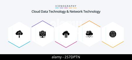 Cloud Data Technology And Network Technology 25 Glyph icon pack including internet . arrow. cloud . gear. cloud Stock Vector