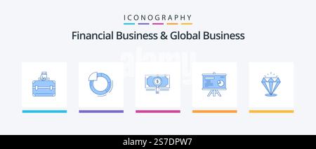 Financial Business And Global Business Blue 5 Icon Pack Including diamound. projector. money. board. dollar. Creative Icons Design Stock Vector
