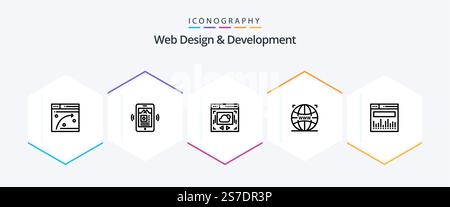 Web Design And Development 25 Line icon pack including web . mp . website Stock Vector