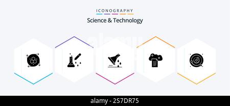 Science And Technology 25 Glyph icon pack including online docs. digital storage. scientific research. cloud reporting. sample flask Stock Vector
