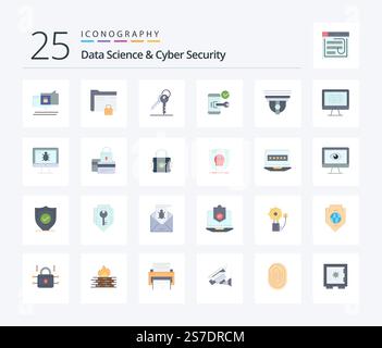 Data Science And Cyber Security 25 Flat Color icon pack including phone. mobile. secure. lock. room Stock Vector