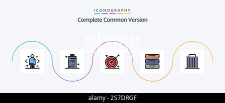 Complete Common Version Line Filled Flat 5 Icon Pack Including drawer. cabinet. phone. target. goal Stock Vector