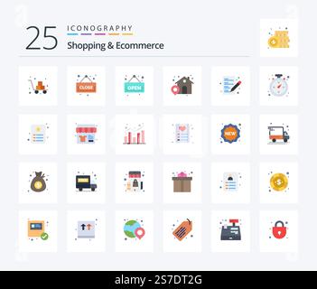 Shopping & Ecommerce 25 Flat Color icon pack including shopping. list. open. ecommerce. house Stock Vector