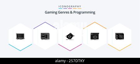 Gaming Genres And Programming 25 Glyph icon pack including coding. api. plan. performance. machine Stock Vector