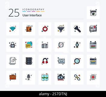 User Interface 25 Line Filled icon pack including torch. flash. off. sort. filter Stock Vector