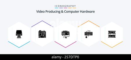 Video Producing And Computer Hardware 25 Glyph icon pack including obsolete. keyboard. apc. interface. source Stock Vector