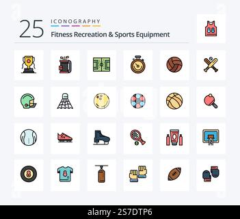 Fitness Recreation And Sports Equipment 25 Line Filled icon pack including time. sports. stick. clock. pitch Stock Vector