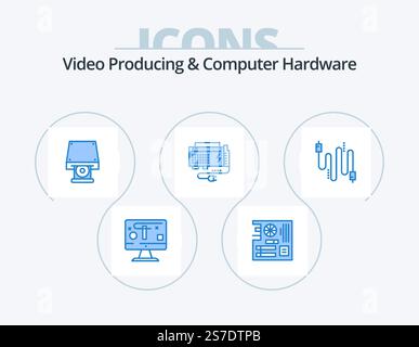 Video Producing And Computer Hardware Blue Icon Pack 5 Icon Design. source. computer. mother. battery. disk rom Stock Vector