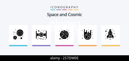 Space Glyph 5 Icon Pack Including . moon. space. flame. Creative Icons Design Stock Vector