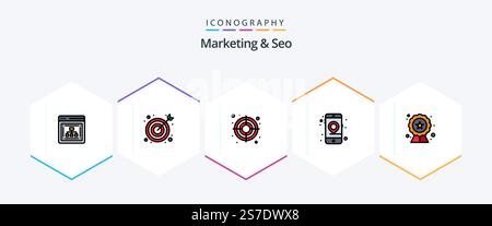 Marketing And Seo 25 FilledLine icon pack including rating. seo. success. quality. mobile Stock Vector