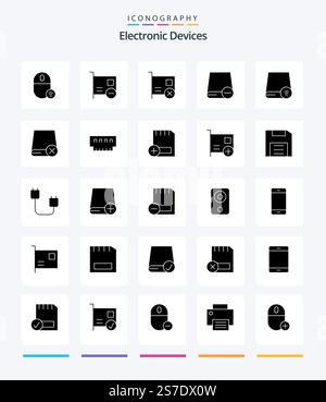 Creative Devices 25 Glyph Solid Black icon pack  Such As gadget. computers. hardware. hardware. drive Stock Vector