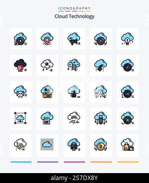 Creative Cloud Technology 25 Line FIlled icon pack  Such As plus. add. gps. cloud. cloud Stock Vector