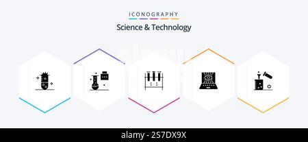 Science And Technology 25 Glyph icon pack including engineering. applied science. science folder. test tube. lab flask Stock Vector