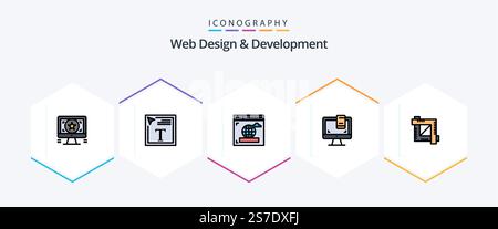 Web Design And Development 25 FilledLine icon pack including designing tool. crop. browser. screen. computer Stock Vector