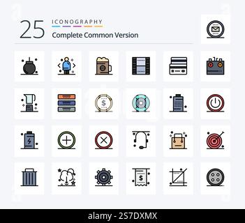 Complete Common Version 25 Line Filled icon pack including film. basic. direction. glass. beverage Stock Vector