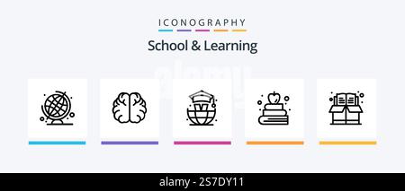 School And Learning Line 5 Icon Pack Including . education. world. bulb. hemisphere. Creative Icons Design Stock Vector