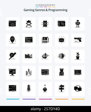 Creative Gaming Genres And Programming 25 Glyph Solid Black icon pack  Such As strategy. game. warrior. smartphone. mobile Stock Vector