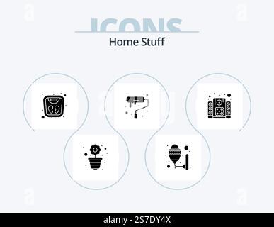Home Stuff Glyph Icon Pack 5 Icon Design. music system. weight machine. roller. decoration Stock Vector
