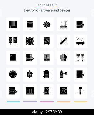 Creative Devices 25 Glyph Solid Black icon pack  Such As technology. radio. equipment. devices. set Stock Vector