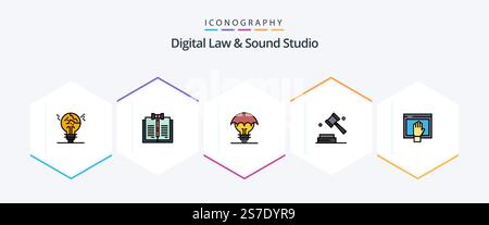 Digital Law And Sound Studio 25 FilledLine icon pack including digital. business. law. patent. defence Stock Vector