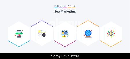 Seo Marketing 25 Flat icon pack including seo package. optimization. ad. marketing. worldwide Stock Vector