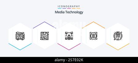 Media Technology 25 Line icon pack including journalist. show. creative. view. eye Stock Vector