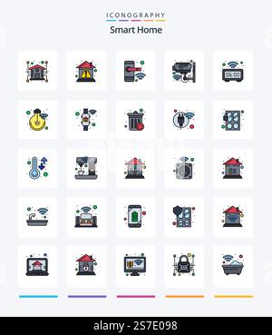 Creative Smart Home 25 Line FIlled icon pack  Such As surveillance. security. property. home. smart Stock Vector